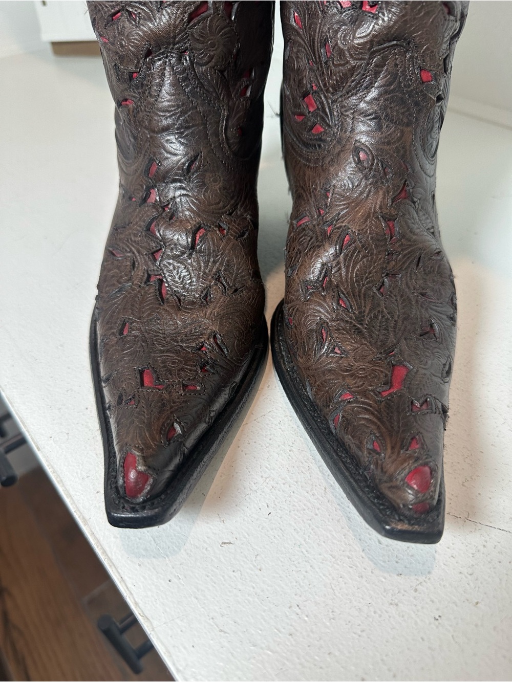 Stetson Cowboy Boots Womens 6.5 Brown Leather Red Underlay Handmade Mexico - Picture 3 of 9